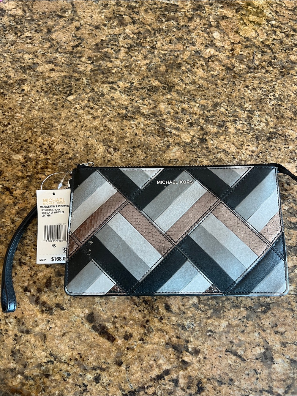 NWT Michael Kors Black, Gray & Silver Metallic  Patchwork Leather Wristlet